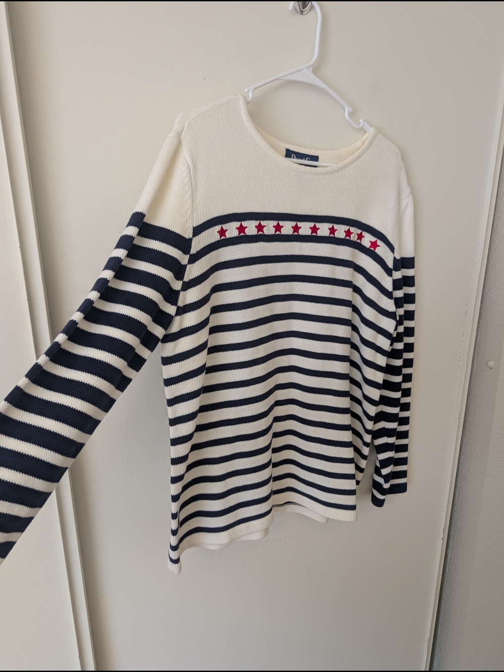 Vintage Womens Large 100% Cotton Stars & Stripes Sweater Cream Cottage Classic - Picture 4 of 6